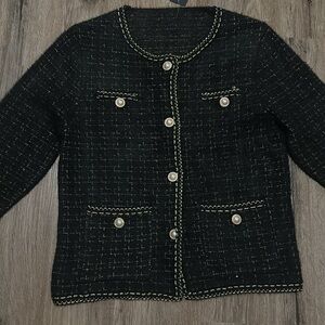 Classic Black Tweed Jacket with Pearl Accents